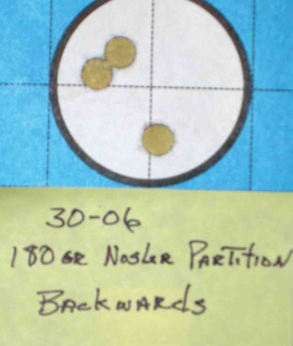 All the bullet holes looked normal except those that were loaded backwards. Holes left in the target looked as if they were shot with a wadcutter.